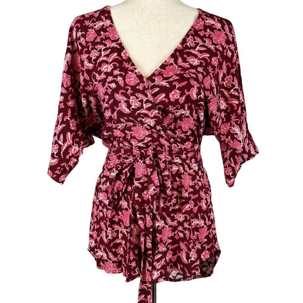 Indah Womens Sunday Playsuit Romper XS Yogya Red Pink Floral Belted
